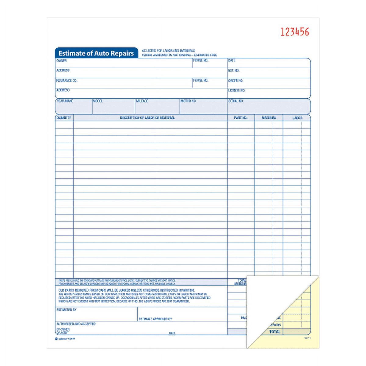 Adams Carbonless Auto Repair Estimate Book, 50 Sets per Book