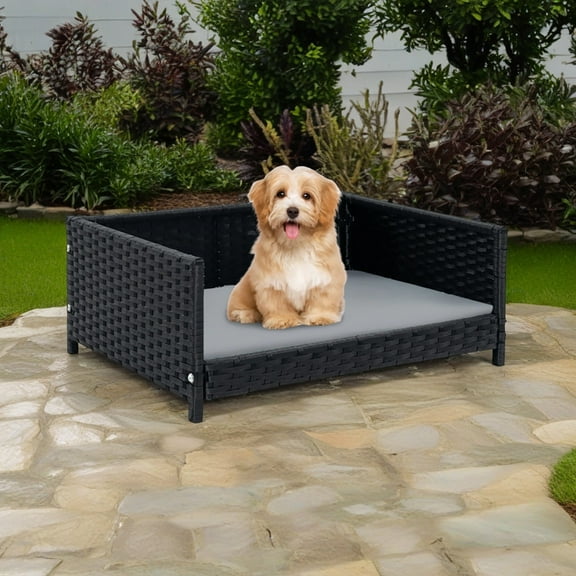 Pefilos 24" Rattan Dog Bed with Waterproof Soft Cushion, Seasonal PE Wicker Pet Furniture for Cat and Dog House/Kennel, Dark Gray