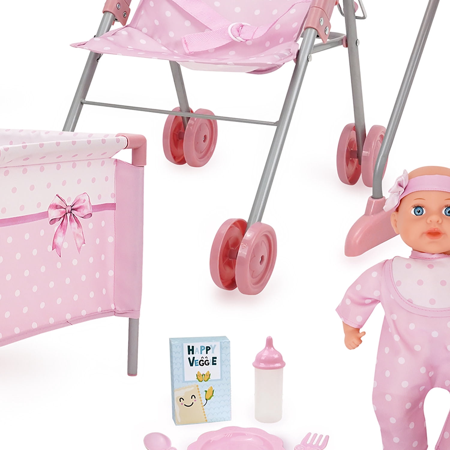 509 Crew: Bow Travel Care n Feed Set & Baby Doll - Pink-White, 9pc On-the-Go Accessories, Highchair-Umbrella Stroller-Play Yard, Roleplay Toy, Kids 3+