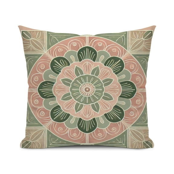 Boho Mandala – Pastel Geometric Sage & Pink Design Decorative Throw Pillow Cover, 18x18