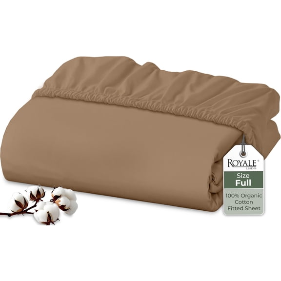 Royale Linens 100% Organic Cotton Fitted Sheet - Percale Weave - Super Soft Deep Pocket Bottom Sheets - Elastic Sheet Full Size - Full Fitted Sheets Only - (54"x75"+15", Chocolate)