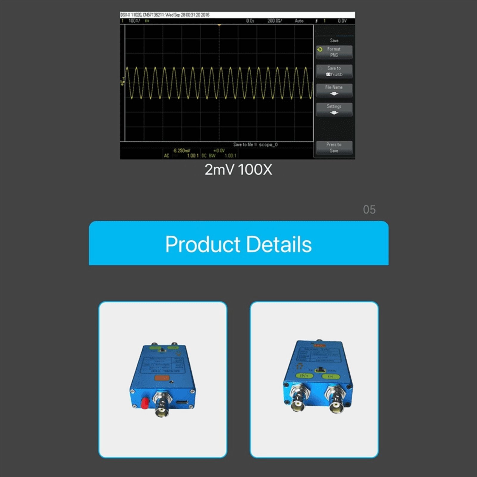 10M Bandwidth Oscilloscope Differential Gain Split Probes Weak Electrical Signal Measurement Tool 100X Signals Amplifier,1 x Host 1 x 0.5m BNC Straight Cable 1 x BNC Shorting Cap,Blue