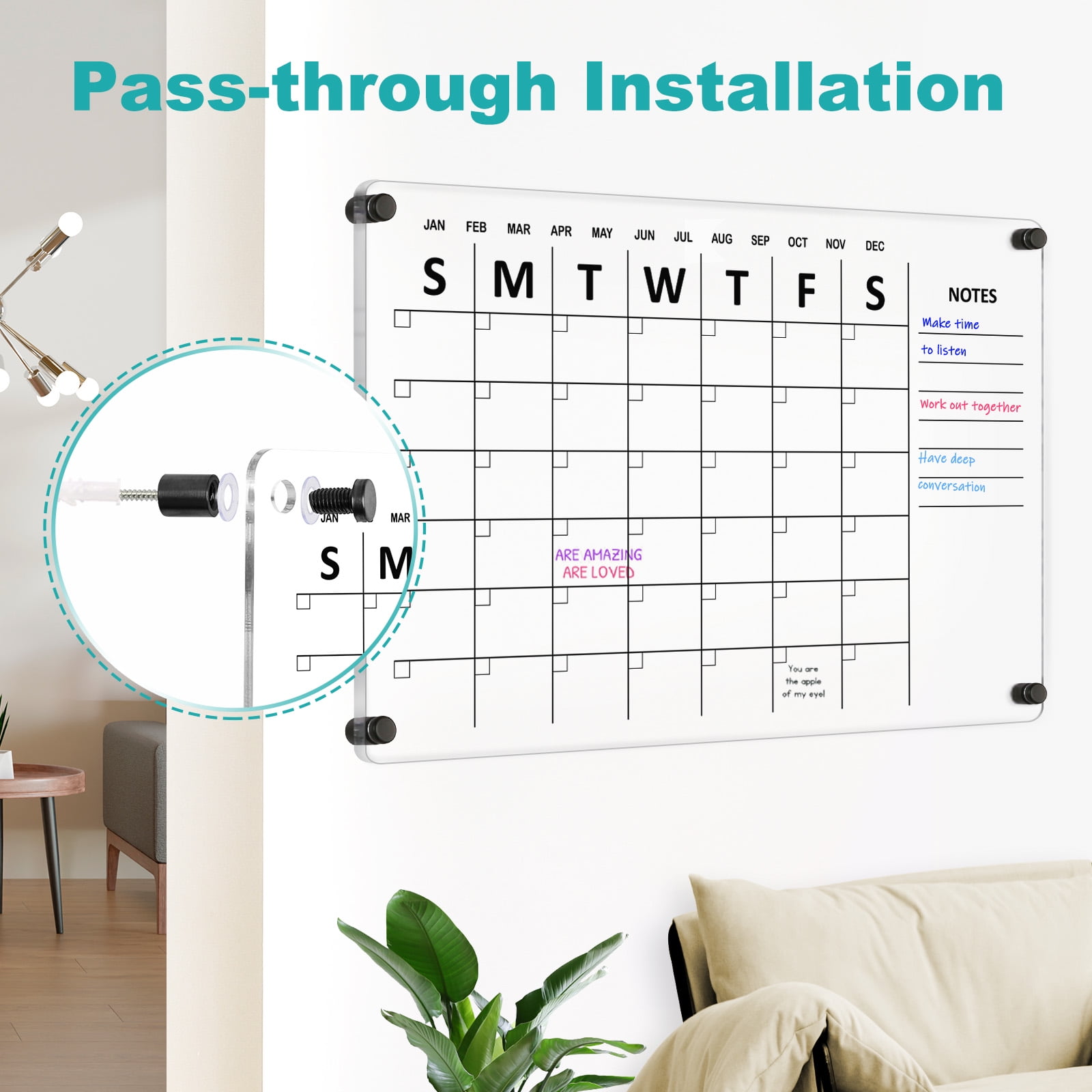 DOLLAR BOSS Large Oversize Crystal Clear Acrylic Wall Calendar Dry & Erase Board 24" X 16" Monthly Family Calendar Home Office Glass Calander Reusable Big Whiteboard with Markers, Black Print