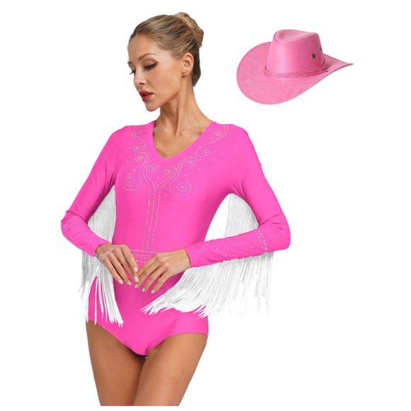 JanJean Women Rhinestones Jazz Latin Dance Outfit V-Neck Long Sleeve Leotard with Hat for Ballroom Rumba HotPink L