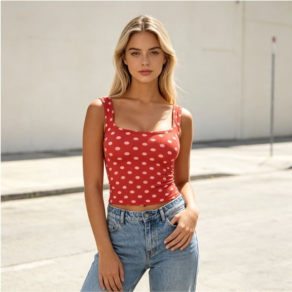 LEKWK Tank Tops for Women Trendy Square Neck Polka Dots Tight T Shirts Sleeveless Slim Fit Basic Crop Tops Summer Fashion Going Out Y2K Outfit