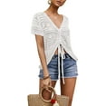 thumbnail image 1 of XINQIHANG Womens Boho Off Shoulder Sheer Crop Tops Bell Sleeve Flowy Oversized Crochet Ruched Pullover Sweaters, 1 of 1