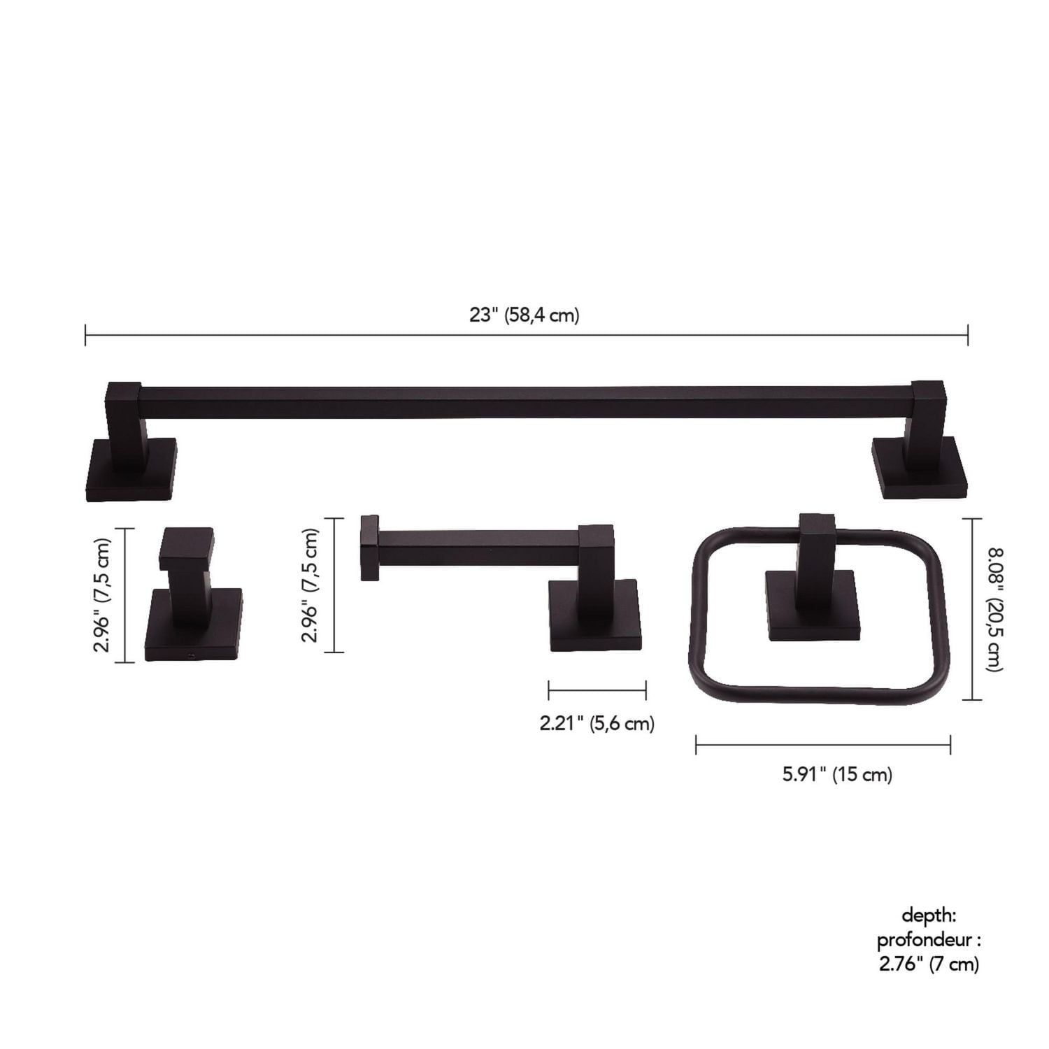 Globe Electric Auckland 5-Piece All-In-One Bathroom Set, Black, Faux Wood, 3-Light Vanity Light with Seeded Glass Shades, Towel Bar, Towel Ring, Robe Hook, Toilet Paper Holder, 51863