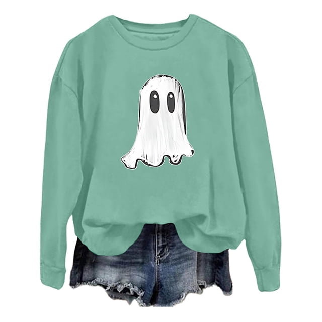 Arlun,Halloween Chandails en Molleton Citrouille 2025 Mode Automne Femmes Grande Taille Chandails à Lettres Imprimées Hauts Coupe Ample Confortables Col Rond Manches Longues Vêtements d'Extérieur Hauts Sans Capuche Bleu Clair2 TTG
