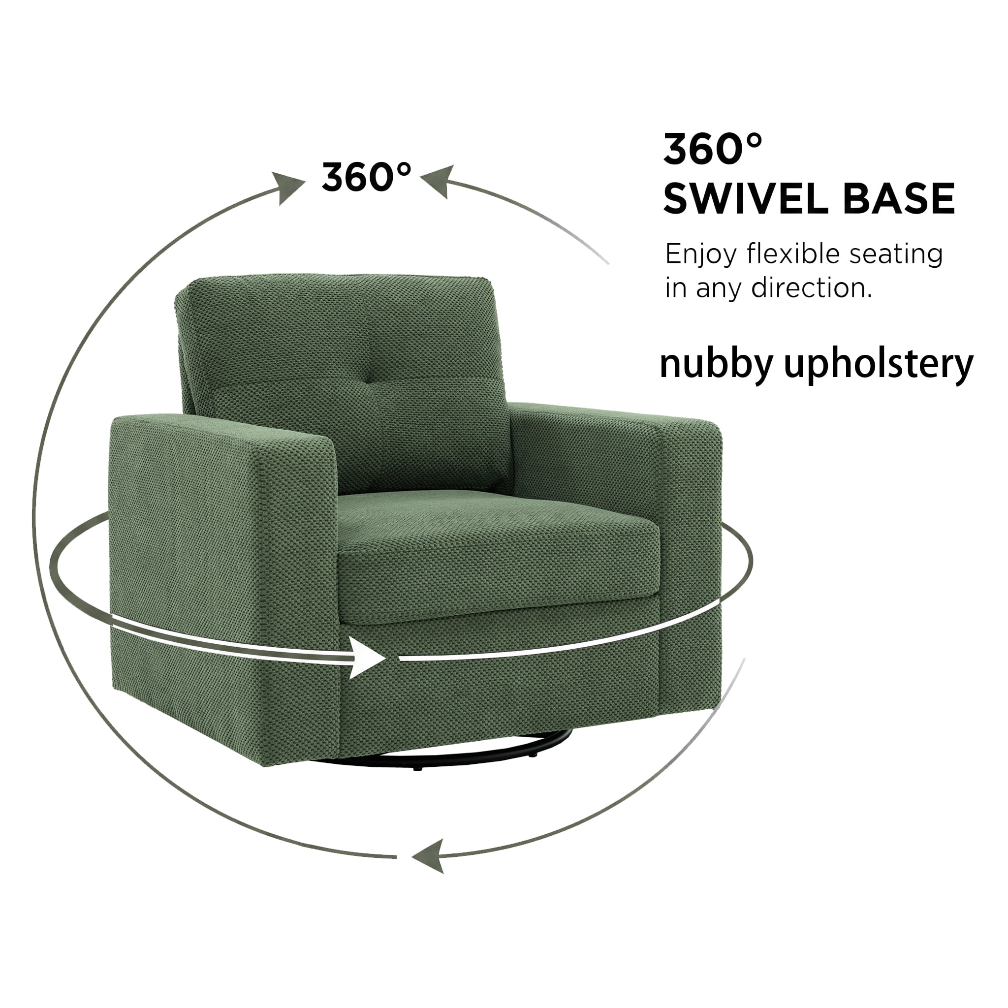 MOONMISS 360° Swivel Accent Chair with Point-Tufted Back & Textured, Upholstery Square Arm Armchair with Metal Pedestal Base, Soft Pillows for Living Room, Bedroom