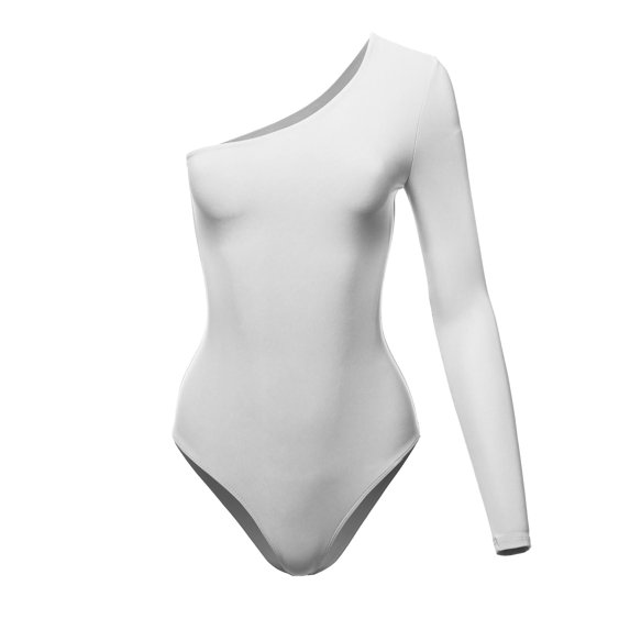 FashionOutfit Women's Solid Sexy One shoulder Open Long Sleeve Body-Shaper Bodysuit - Made In USA