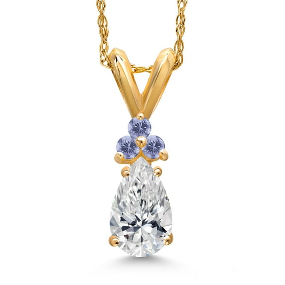 Gem Stone King 14K Yellow Gold DEF Lab Grown Diamond and Blue Iolite Pendant Necklace for Women | 0.58 Cttw | Gemstone April Birthstone | Pear Shape 7X5MM | With 18 inch Chain