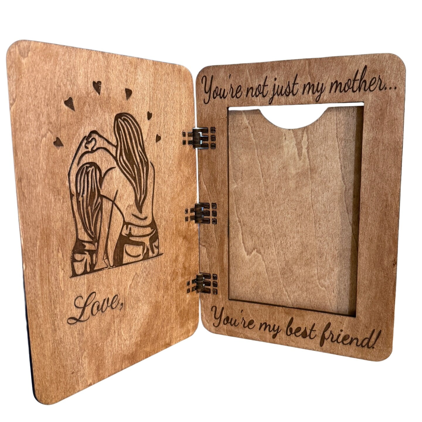 Mother’s Day Wooden Greeting Card Picture Frame – Hinged Wood Photo Card Holds 4x6 Photo – Keepsake Gift for Mom Best Friend Theme