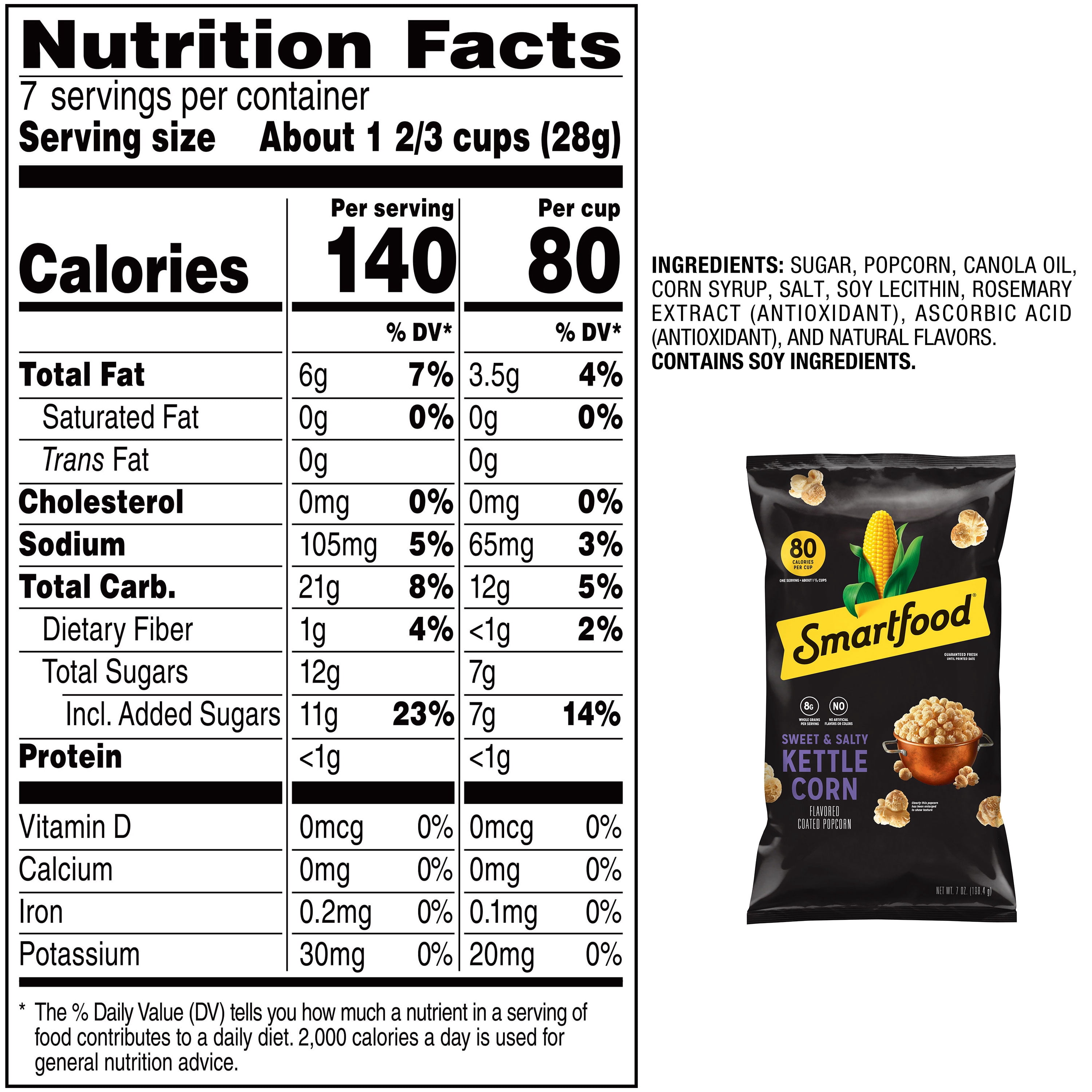 Smartfood No Artificial Colors or Flavors Sweet and Salty Kettle Corn Popcorn Bag, 7 oz​ ​