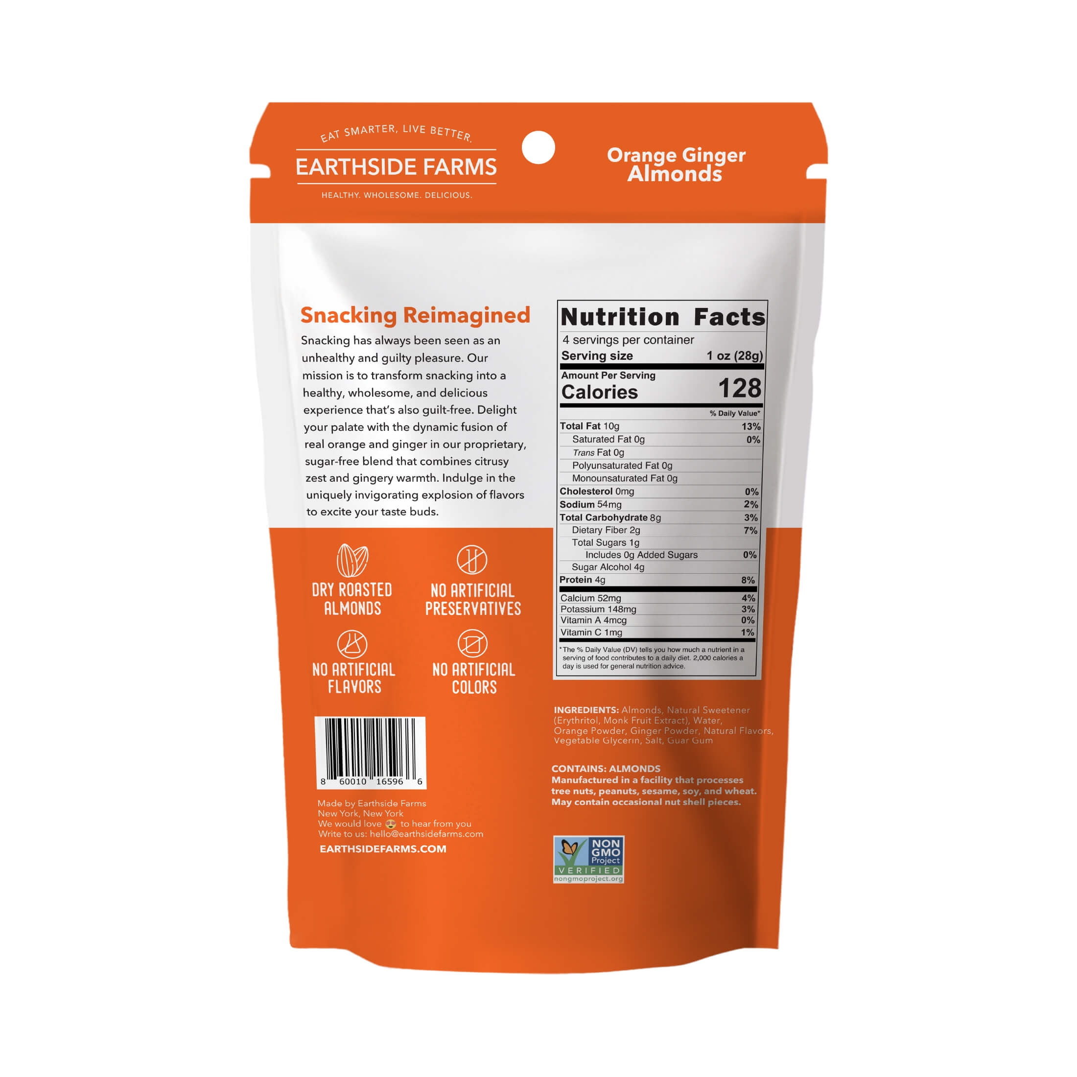 Earthside Farms Orange Ginger Almonds 4oz (3 Pack), Healthy Snack, Keto-Friendly, Vegan, Gluten Free, No Added Sugar, Non-GMO, Guilt-Free Snack, Clean Ingredients, Snack Packs