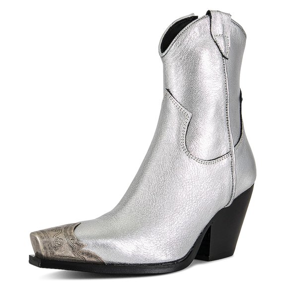 Botines Hoantiai para mujer, estilo western, con punta de metal grabada