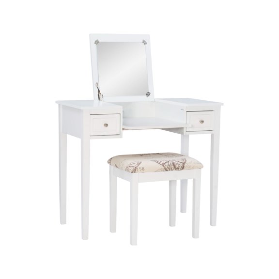Contemporary Home Living 36" White Solid Vanity Set with Mirror and Upholstered Stool