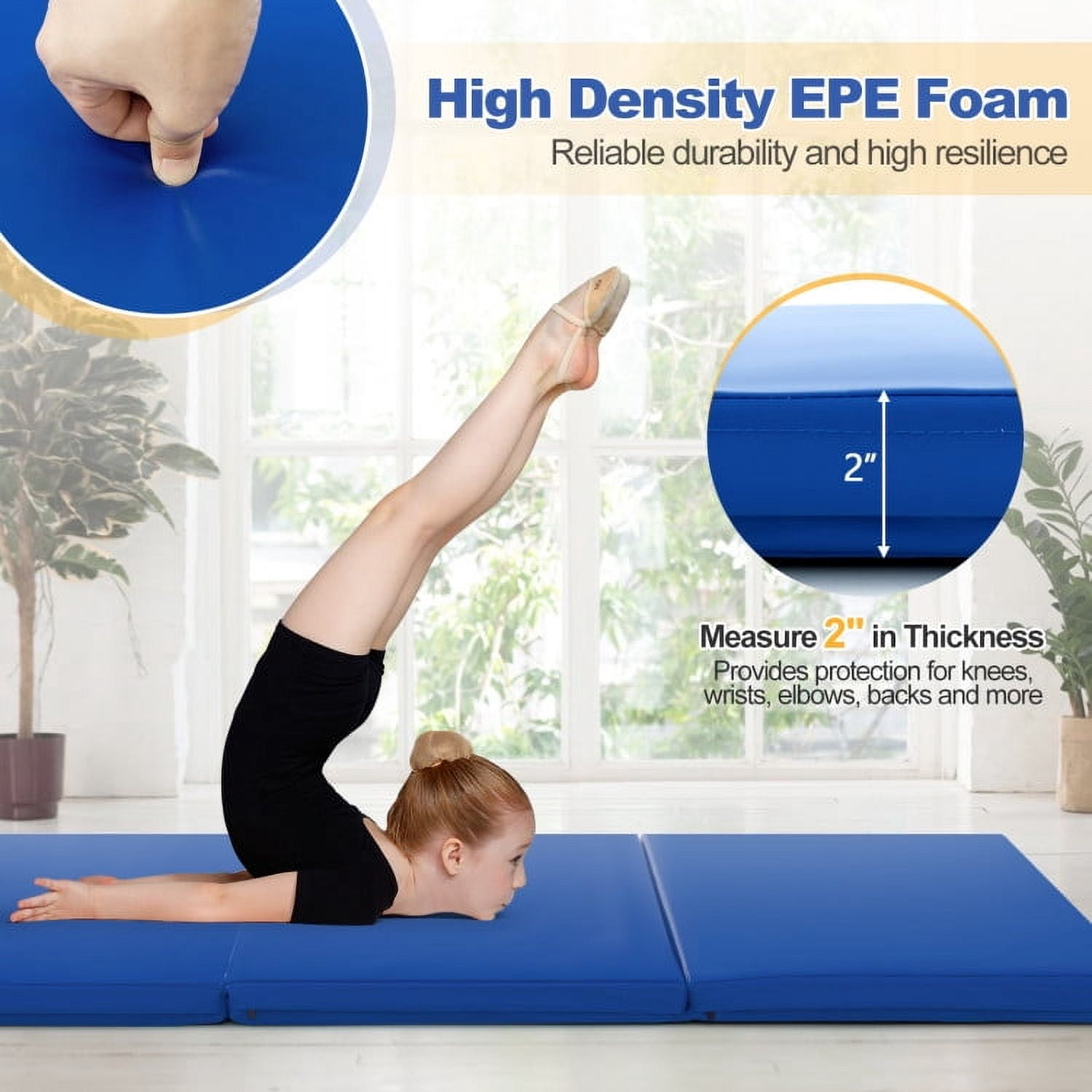 Resenkos Gymnastics Mat, Exercise Tumbling Mat,6 x 2 FT Tri-Fold Gym Mat with Handles and Removable Zippered Cover-Dark Blue