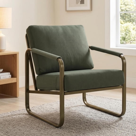 Prilinex Mid-Century Accent Chairs for Living Room, Metal Framed Armchair with Wide Cushion & Padded Soft Backrest, Fabric Reading Chairs for Bedroom Home Office, Dark Green