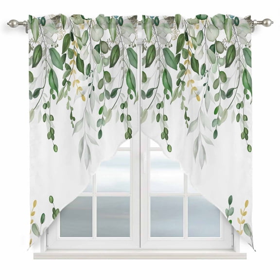 Sage Green Eucalyptus Swag Valances for Windows 2 Pack, Kitchen Window Curtains 36 Inch Length, Watercolor Spring Weeping Botanical Privacy Swag Curtains for Living Room/Bathroom 36"x36"