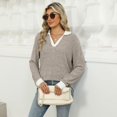 thumbnail image 3 of SWSMCLT Women's Long Sleeve Pullover Sweater Soft Pullover Loose Spring Spandex Top Warm Fashion Casual V Neck Cozy Work Khaki Large, 3 of 5