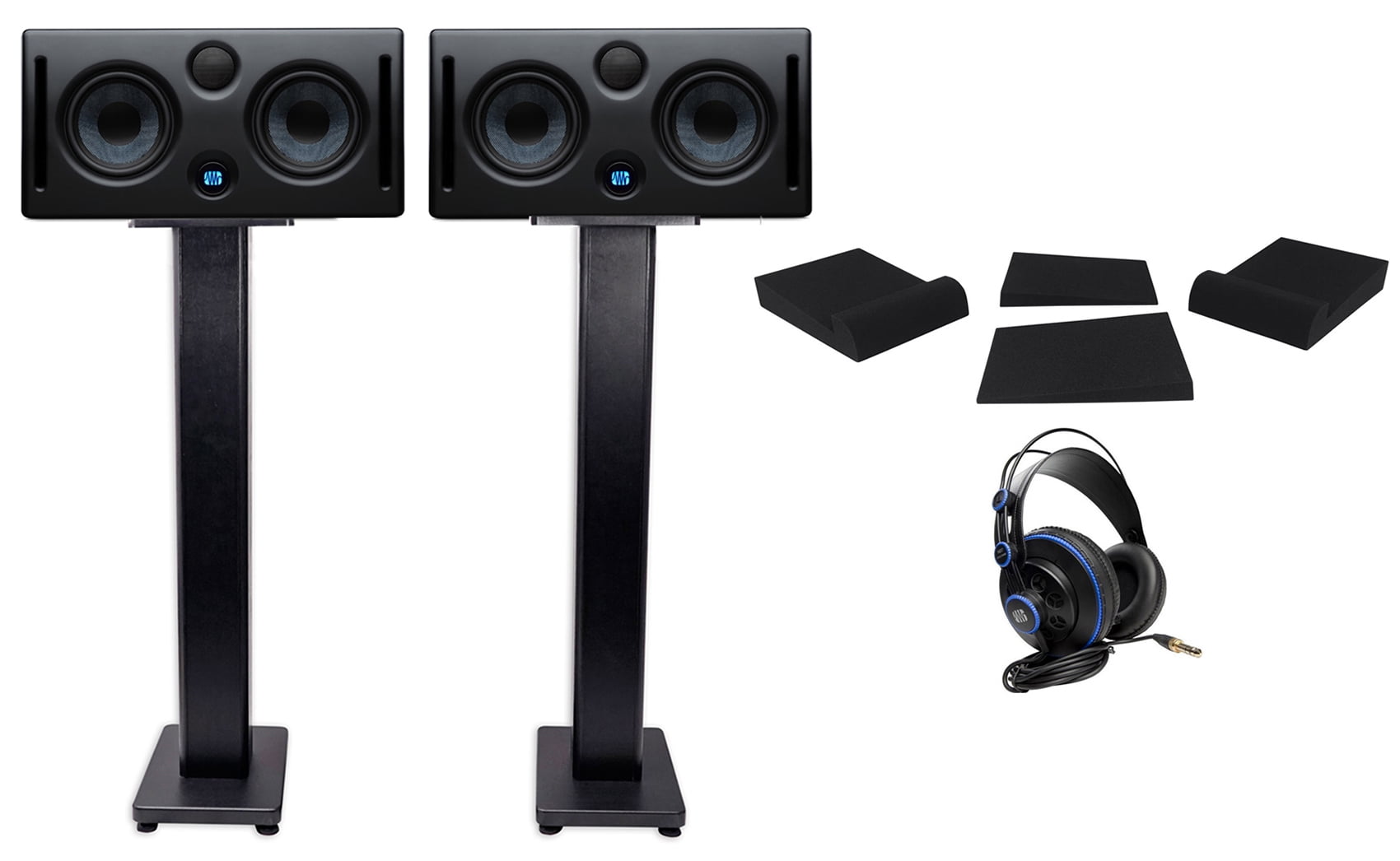 Presonus ERIS E44 85w Active Dual 4 Studio Monitors+Headphones+Stands+Pads 2 