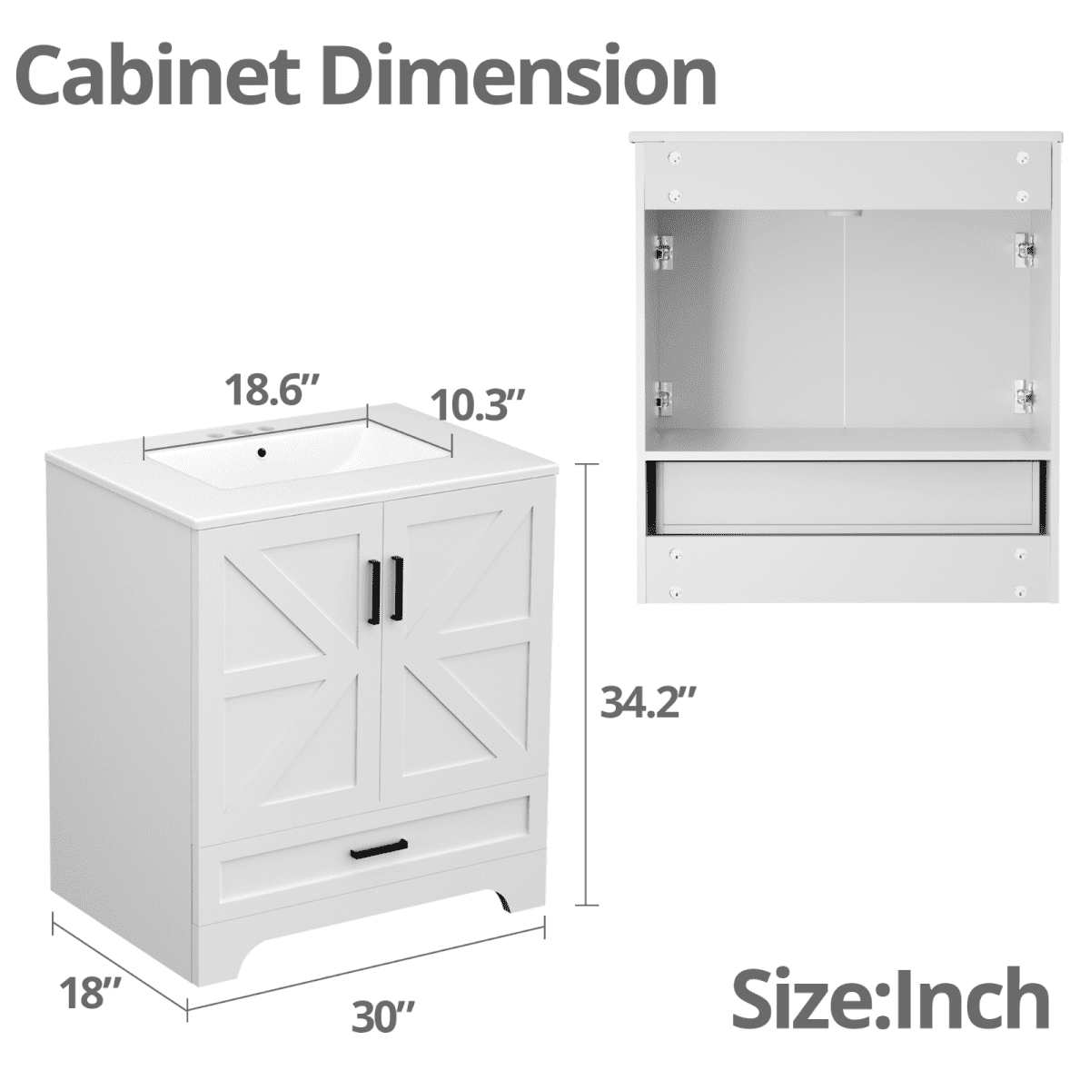 30" Farmhouse Bathroom Vanity with Ceramic Sink, Floor Standing Single Basin Vanity Set, Bathroom Cabinet with Drawer 2 Soft Closing Doors and Metal Handle, White