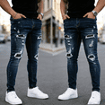 thumbnail image 4 of Men's Straight Leg Stretch Jeans | Dark Wash Distressed Ripped Denim | Patch Detail | 4-Way Flex | Standard Size | Trendy Casual Jeans for Men, 4 of 5