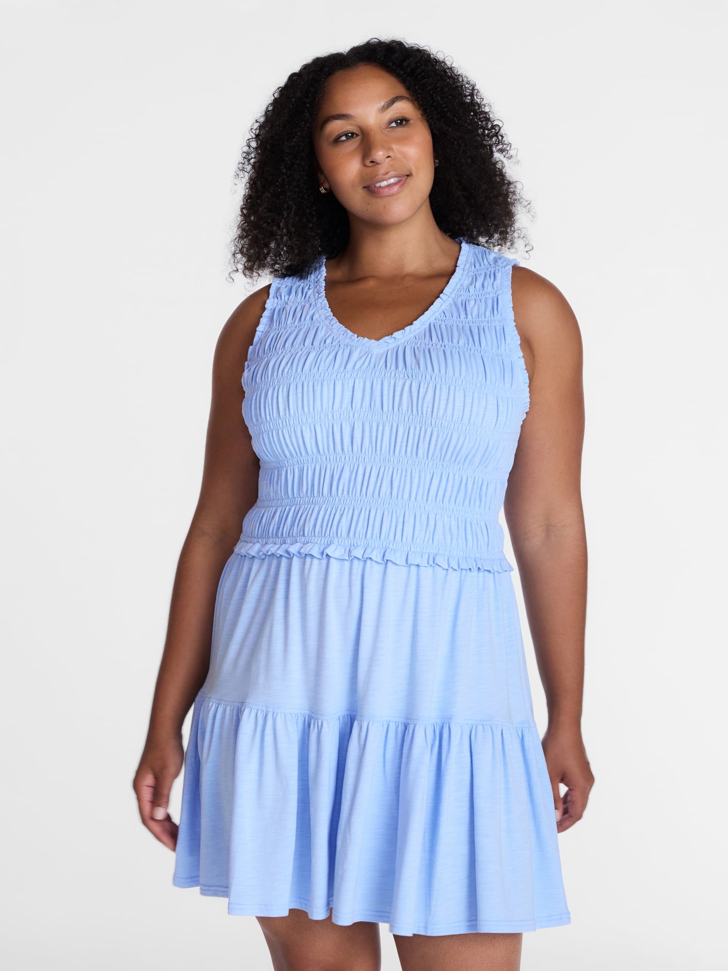 Time and Tru Women's Smocked Sleeveless Mini Dress with Ruffle Trim, Sizes XS-XXXL