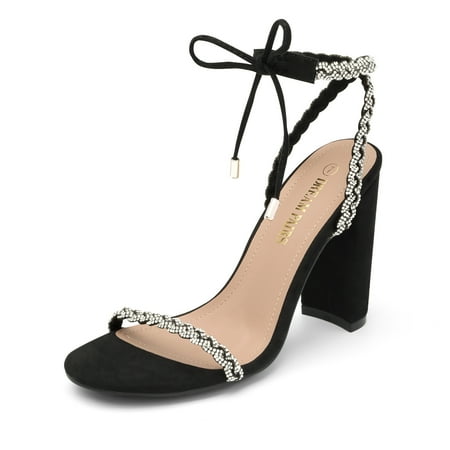 

Dream Pairs Women s High Chunky Block Rhinestone Braid Heels Open Toe Wedding Dress Sandals SDHS2241W BLACK Size 8.5
