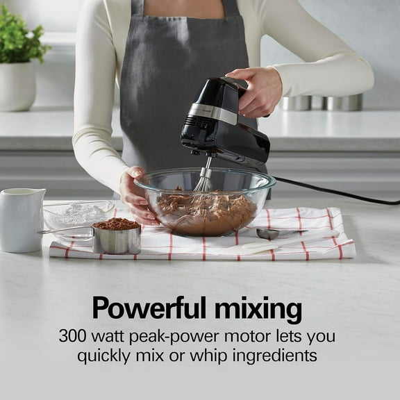 Electric Hand Mixer with 6 Speeds, Stir Button, 300 , Includes Whisk and Storage Clip, Black
