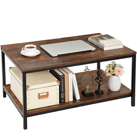 SuperDeal 2-Tier Compact Coffee Table Industrial Cocktail Desk W/ Storage Shelf for Small Apartment Living Room, Rustic Brown