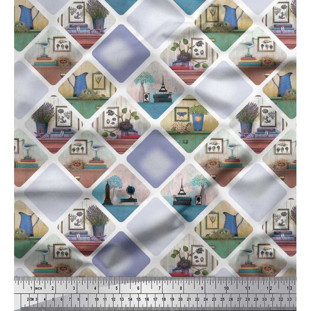 Soimoi Poly Georgette Fabric Frame,Jug & Flower Pot Patchwork Fabric Prints by Yard 42 Inch Wide