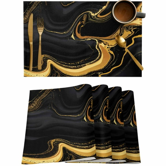 Black Marble Fluid Art Placemats Set of 4,Wipeable Washable Table Mats for Dining Tables,Gold Foil Place Mats for Kitchen Event Party Tabletop Decor