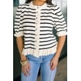 thumbnail image 2 of Women's Beige Striped Knit Cardigan – Ruffle Trim Button Down Short Sleeve Top, XL, 2 of 11