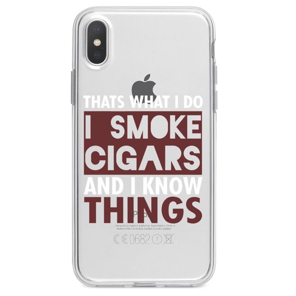 DistinctInk Clear Shockproof Hybrid Case for iPhone XR (6.1" Screen) - TPU Bumper Acrylic Back Tempered Glass Screen Protector - I Smoke Cigars And I Know Things