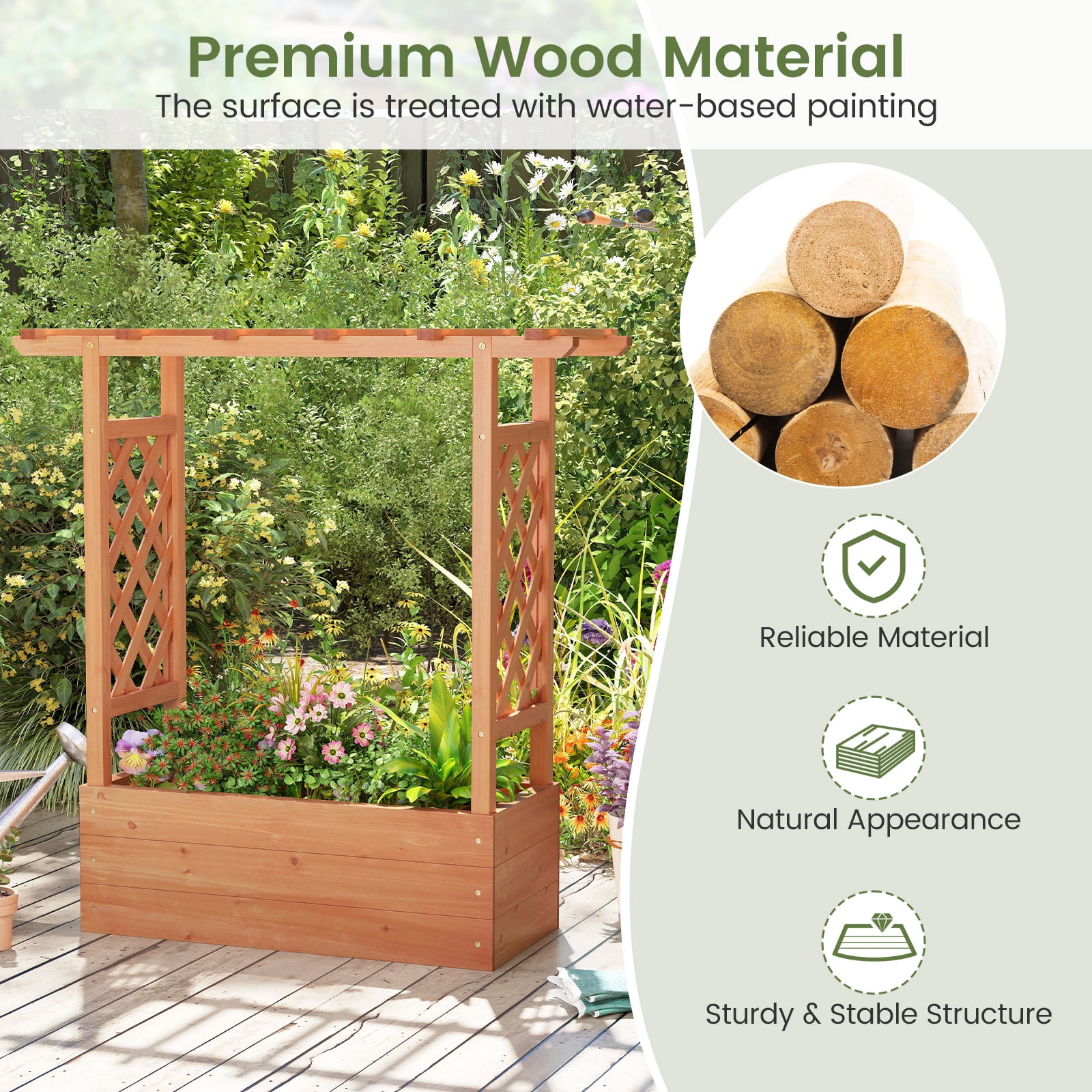 Patiojoy Raised Garden Bed with Trellis Indoor & Outdoor Planter Box with Top & Side Trellis Drainage Holes Elevated Feet for Vine Climbing Plant