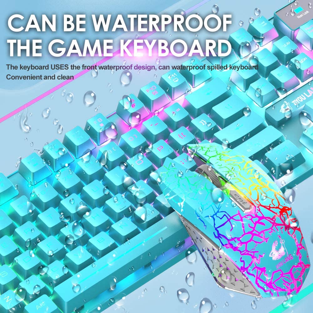 T3 Wireless Keyboard Mouse Combo,Rainbow Backlit 2.4G Rechargeable 2400DPI 6-Button Optical Mice+Pad