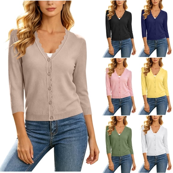 BXJX Womens Open Front Cardigans, V Neck Lightweight Casual 3/4 Sleeve Knit Cardigans for Womens Khaki Size S-2XL