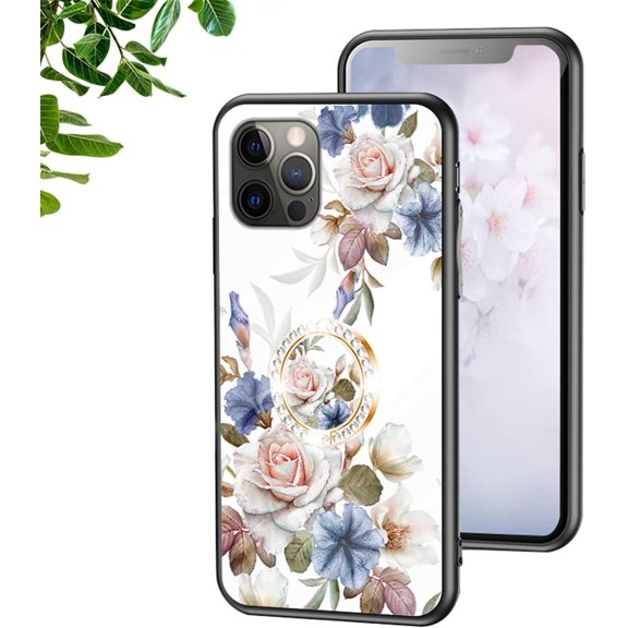 Compatible with iPhone 13 Pro Max Flower Pattern Case with Ring Glossy Ring Finger Grip Kickstand Holder Stand Bling Diamond Luxury Glitter Protection Fashion Shockproof Case for Girls Women