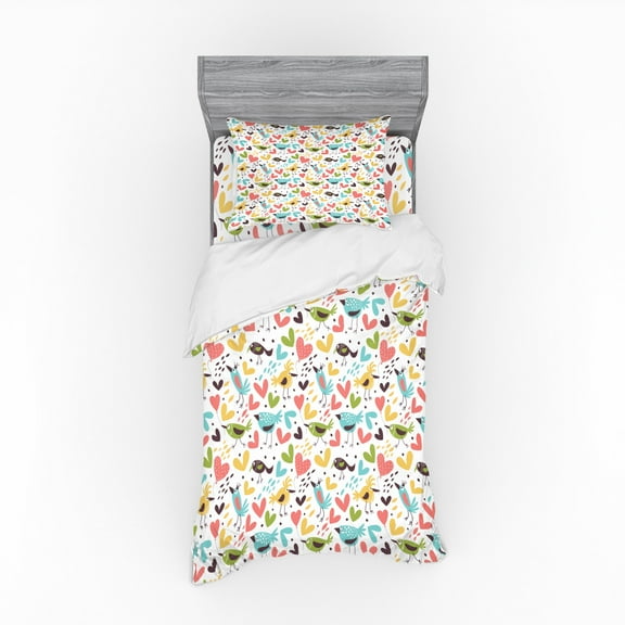 Ambesonne Cartoon Bedding Set 3 Pcs, Kingfisher and Sparrows, Twin XL, Multicolor