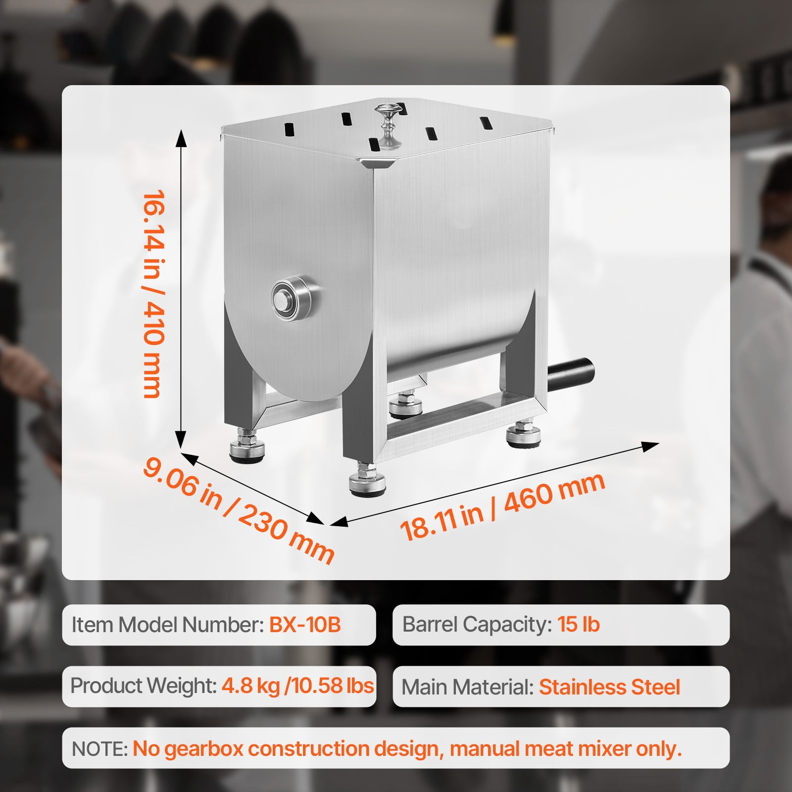 KFFKFF Hand-Operated Meat Blender, 15L Stable Capacity Meat Preparation Tool (Can Mix Up to 15LBS of Meat), Stainless Steel Meat Blending Device, Sausage Blending Apparatus with Cover and Handle