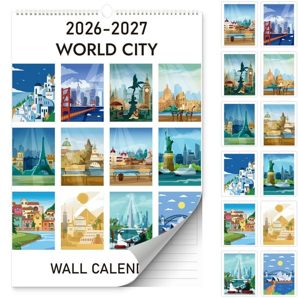 Calendario de pared con pósteres de decoración de viajes 2026-2027, 18 ilustraciones mensuales temáticas de ciudades, calendario colgante 2026-2027, 43 x 28 cm, mini paisaje urbano de la vuelta al mu
