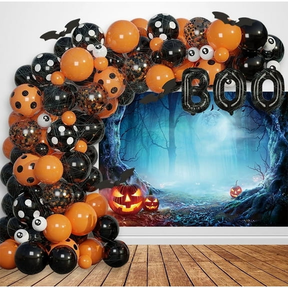 Happy Halloween Party Decoration Kits 101 Pcs Balloons Arch Garland Kit 6x4FT Halloween Decoration Horror Halloween Party Photography Backdrop Night Moon Pumpkin Forest Horror Backdrop Party Supplies