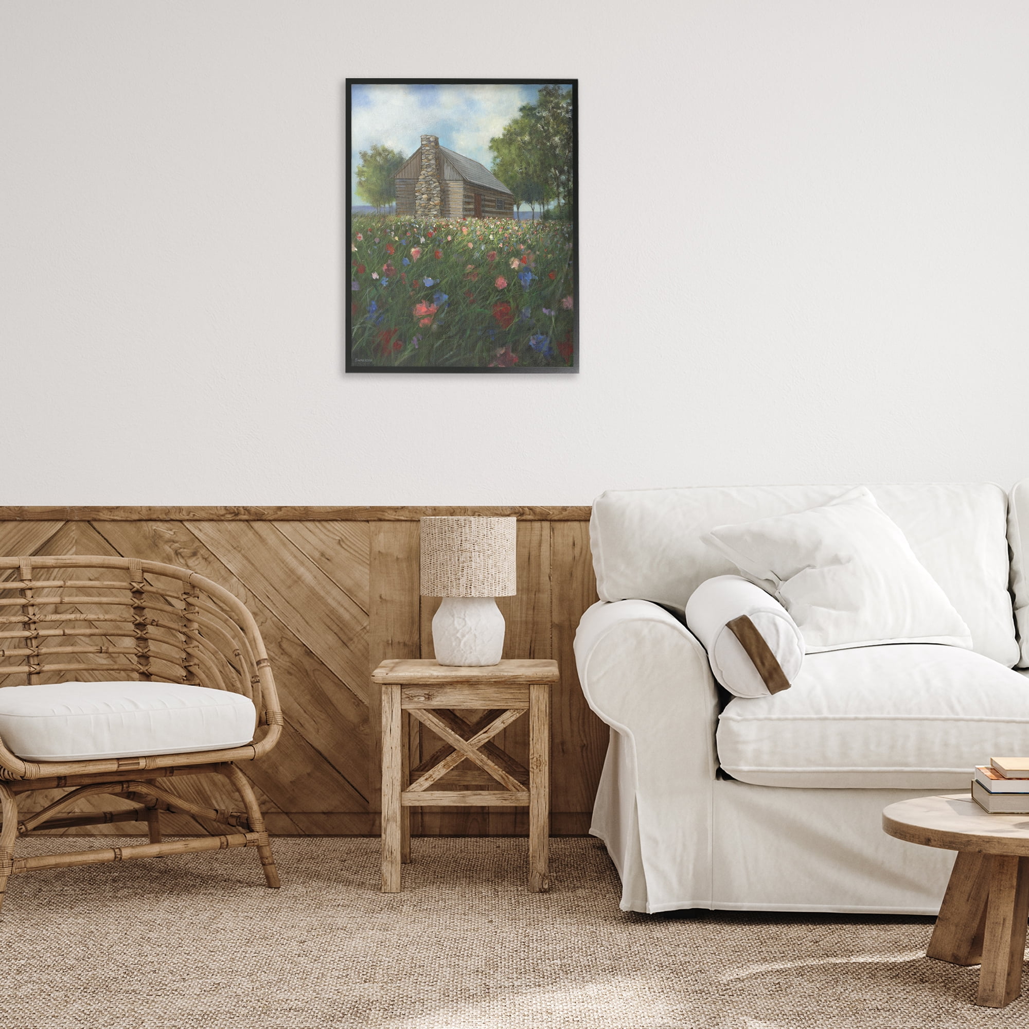 Stupell Industries Log Cabin Meadow Landscape Painting Black Framed Art Print Wall Art, 24 x 30