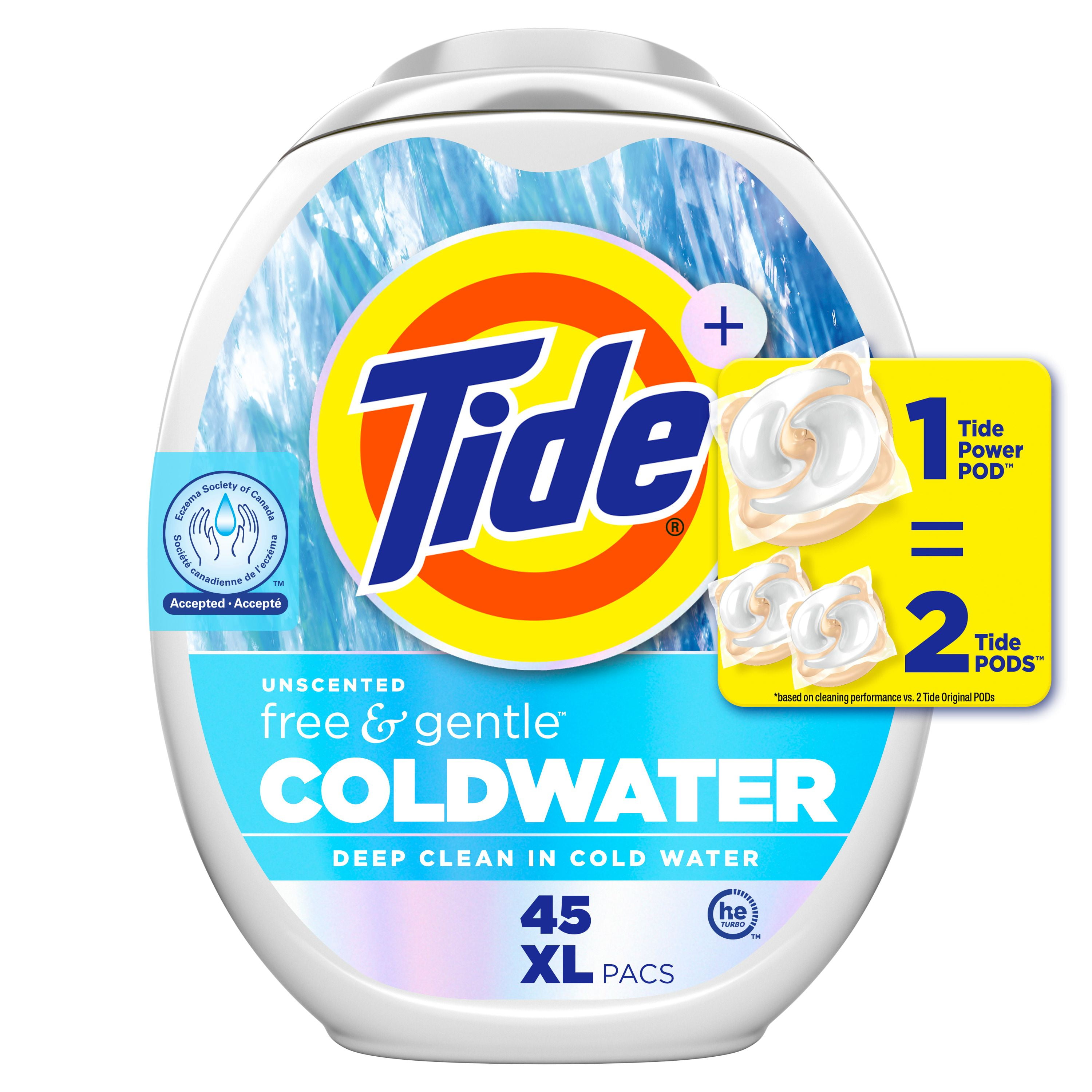 Tide PODS Free and Gentle Coldwater Laundry Detergent Pacs, 45 Count, Hypoallergenic Laundry Detergent Pacs, TIDE TD PWRPDS F&G CW45CT