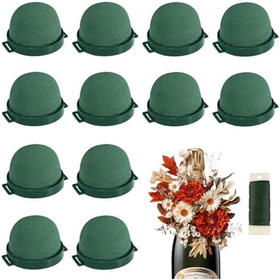 12Pcs Mini Floral Foam Holder Round, Green Wine Bottle Floral Foam Bouquet Holders for Fresh/Artificial Flowers with Floral Wire for Wedding Party Decor, Table Centerpieces, DIY Arrangements Supplies