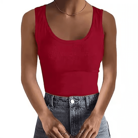 Womens Tank Tops Square Neck Fitted Sleeveless T-Shirts Ribbed Basic Top Red M