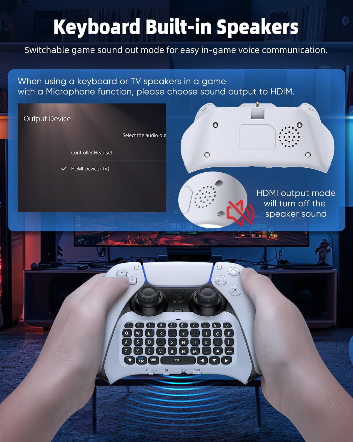 Bluetooth 3.0 Wireless Controller Keyboard for PS5/PS5 Pro,Mini Portable Gamepad Chatpad with Built-in Speaker&3.5MM Audio Jack, Voice Chat Board for Messaging&Gaming Live Chat,White