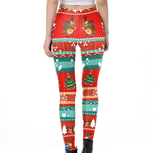 Lolmot Women Girls Christmas Leggings Skinny Jingle Bell Printed High Waist  Stretchy Tights Trouser Yoga Pants 