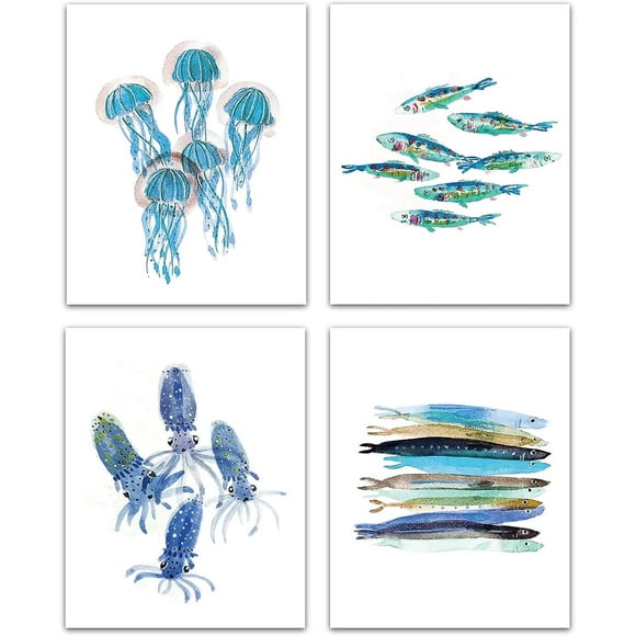 4pcs Funny Watercolor Ocean Life Art Print Set Sea Marine Life Print Canvas Wall Art Poster Jellyfish Octopus Hairtail for Nursery Bedroom Bathroom Home Decor 8 x 10inch Unframed